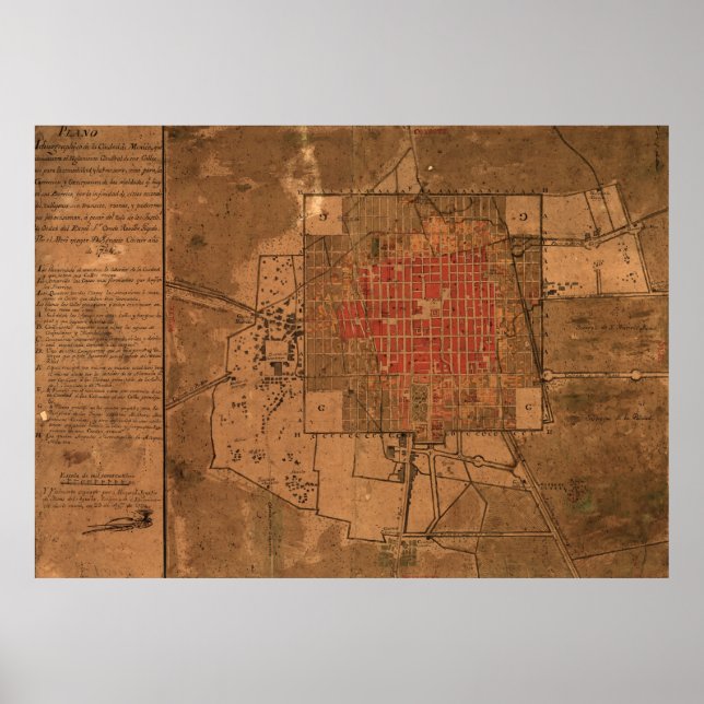 Pôster Mapa Vintage da Cidade do México (1800) (Frente)