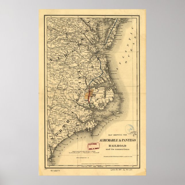 Pôster Mapa Vintage da Costa da Carolina do Norte (1887) (Frente)