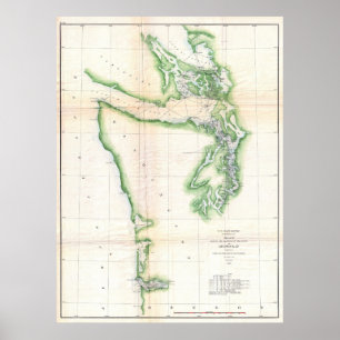 Pôster Mapa Vintage da Costa de Washington e Oregon (1857