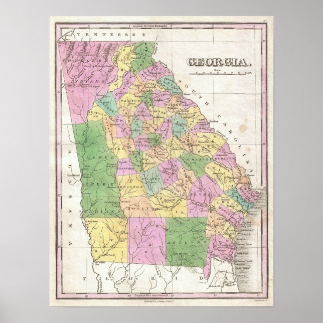 Poster Mapa Vintage da Geórgia (1827) (Frente)