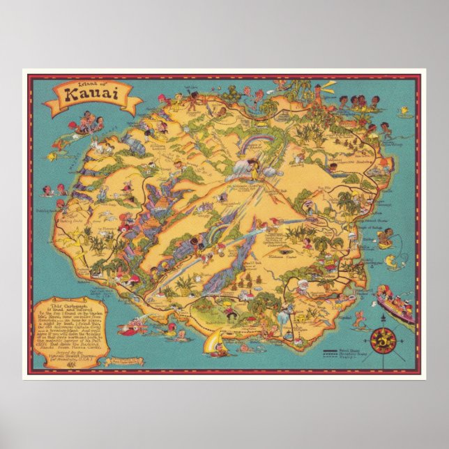 Pôster Mapa Vintage da Ilha de Kauai (Frente)