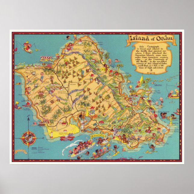 Poster Mapa Vintage da Ilha de Oahu (Frente)