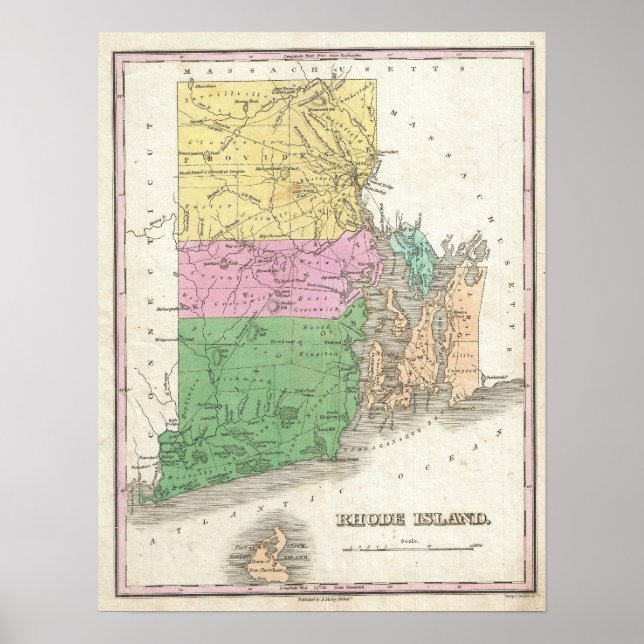 Poster Mapa Vintage da Ilha Rhode (1827) (Frente)