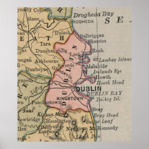 Pôster Mapa Vintage da Irlanda de Dublin (1883)
