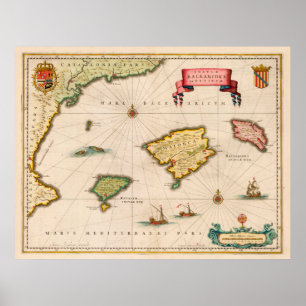 Poster Mapa Vintage das Ilhas Baleares (1640)