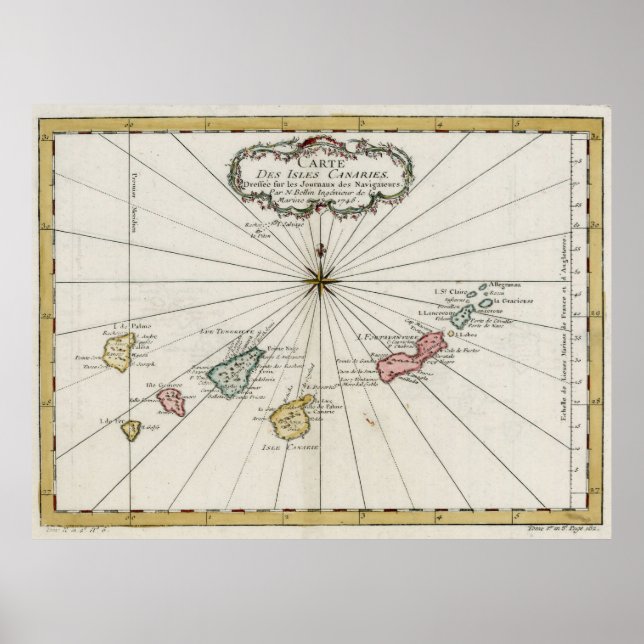 Poster Mapa Vintage das Ilhas Canárias (1757) (Frente)