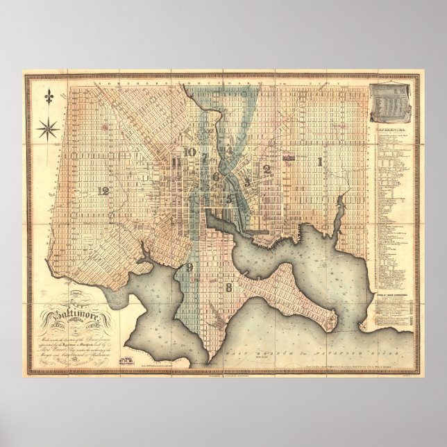 Pôster Mapa Vintage de Baltimore Maryland (1822) (Frente)