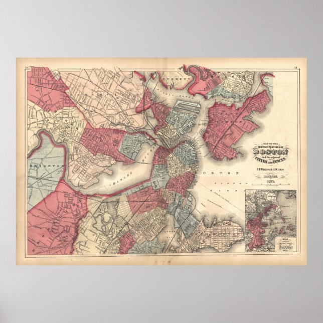 Poster Mapa Vintage de Boston Massachusetts (1871) (Frente)