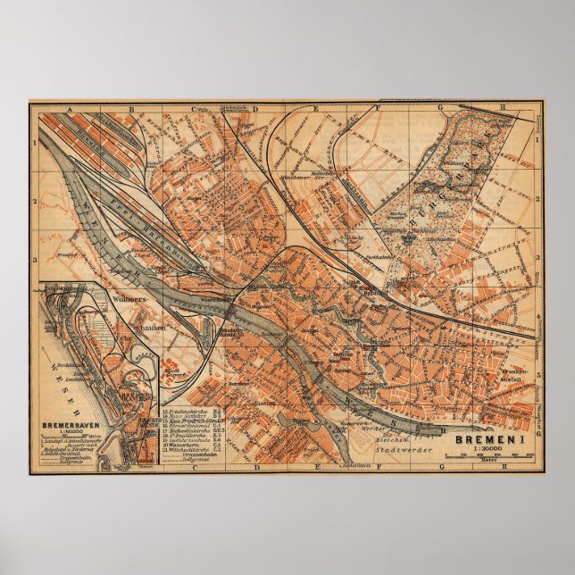 Pôster Mapa Vintage de Bremen Alemanha (1910) (Frente)