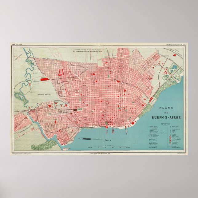 Poster Mapa Vintage de Buenos Aires Argentina (1888) (Frente)
