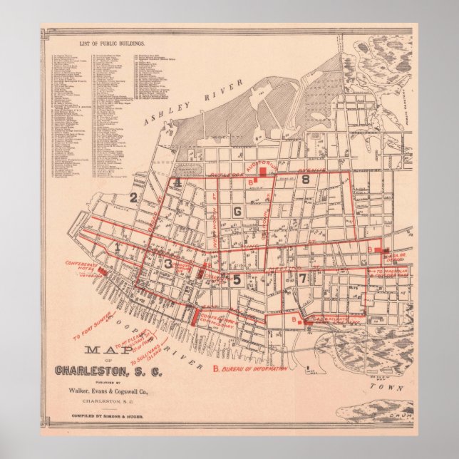 Pôster Mapa Vintage de Charleston na Carolina do Sul (189 (Frente)