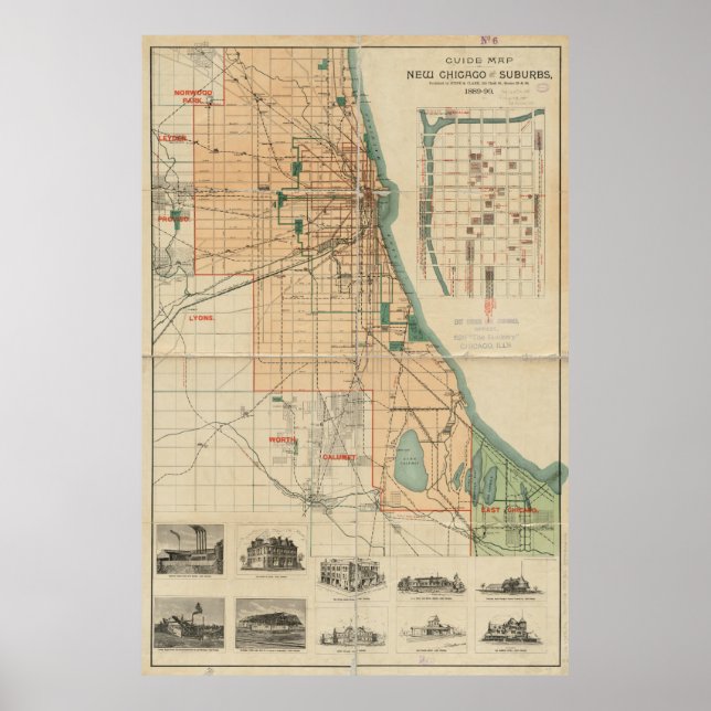 Pôster Mapa Vintage de Chicago Illinois (1889) (Frente)