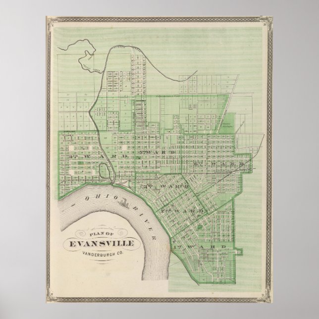 Poster Mapa Vintage de Evansville Indiana (1876) (Frente)