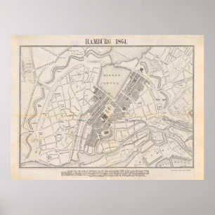 Poster Mapa Vintage de Hamburgo Alemanha (1864)