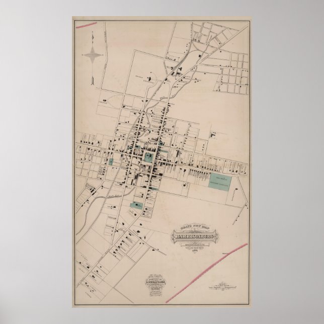 Pôster Mapa Vintage de Harrisonburg Virginia (1877) (Frente)
