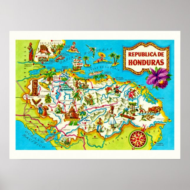 Poster Mapa Vintage de Honduras Impresso (Frente)