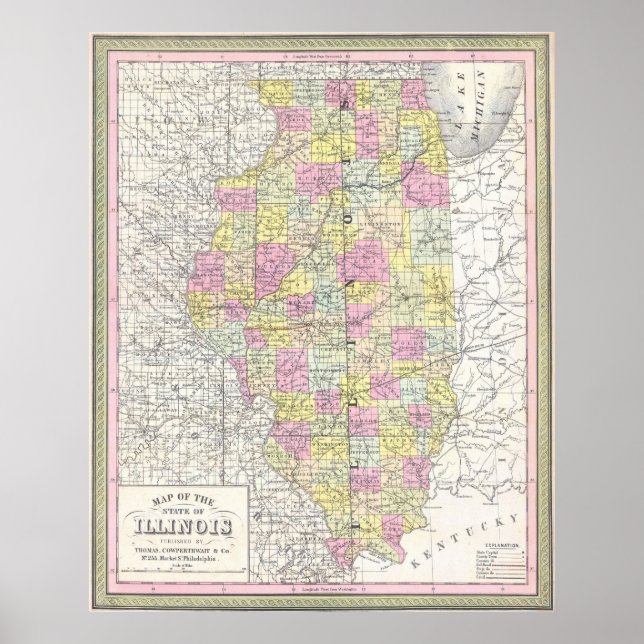 Pôster Mapa Vintage de Illinois (1850) (Frente)