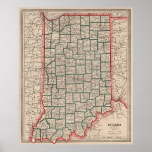 Poster Mapa Vintage de Indiana (1883)