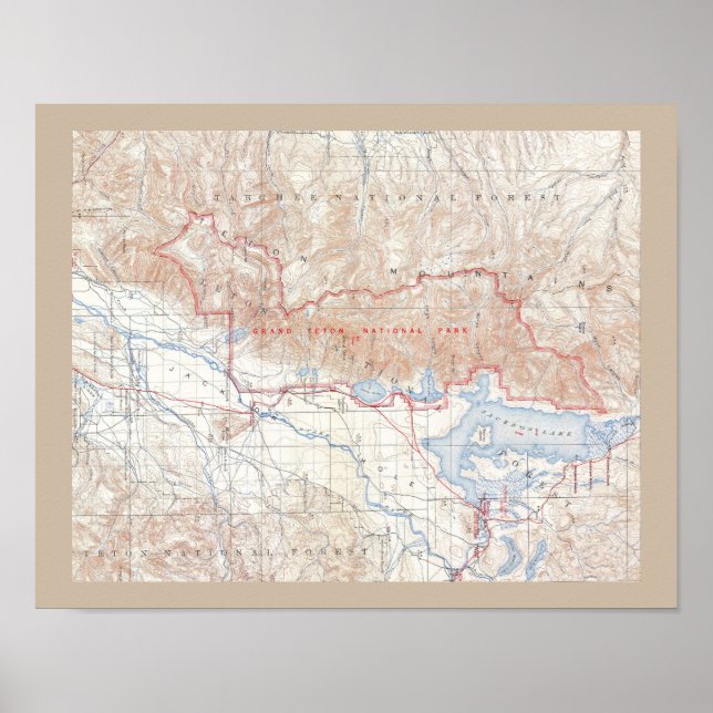 Pôster Mapa Vintage de Jackson Hole & Grand Tetons (Frente)