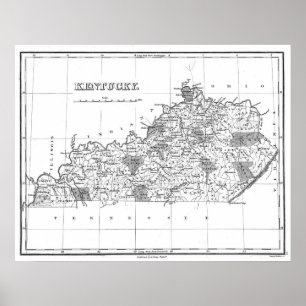 Pôster Mapa Vintage de Kentucky (1827) BW