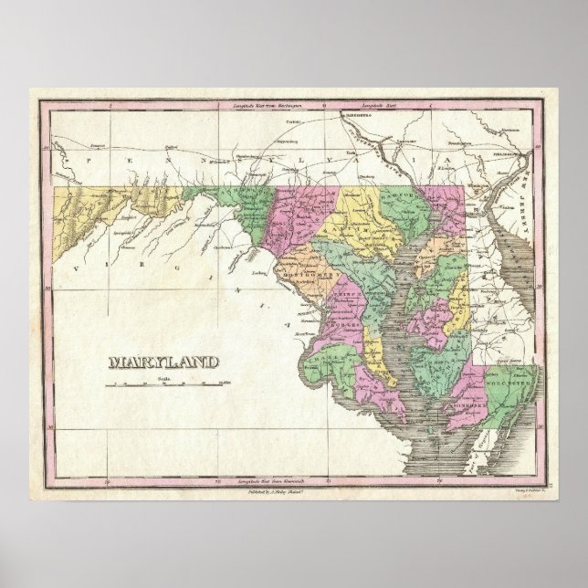 Poster Mapa Vintage de Maryland (1827) (Frente)