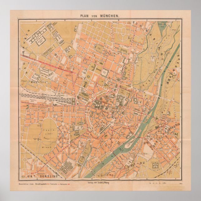 Poster Mapa Vintage de Munique Alemanha (1890) (Frente)