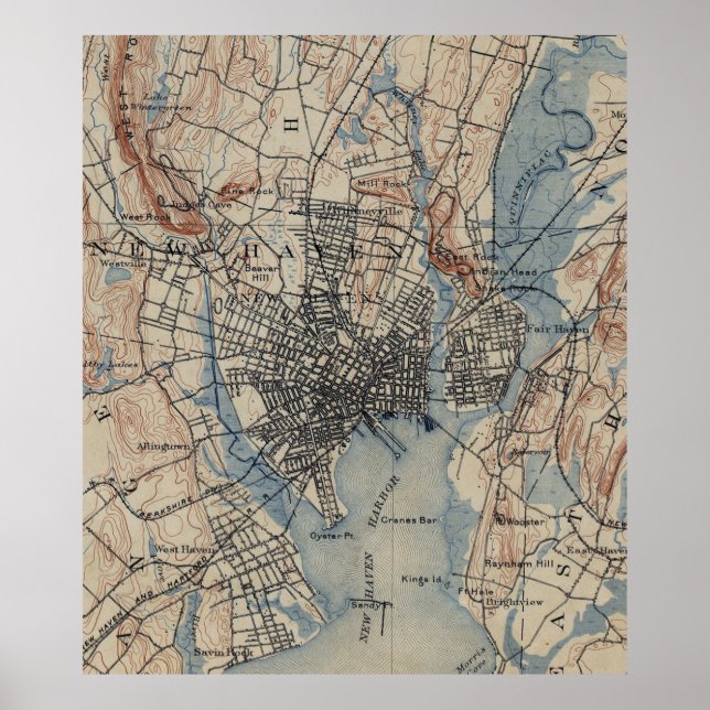 Pôster Mapa Vintage de New Haven Connecticut (1890) (Frente)