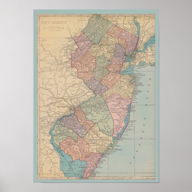 Poster Mapa Vintage de Nova Jersey (Frente)