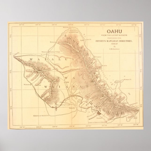 Poster Mapa Vintage de Oahu Hawaii (1901) (Frente)
