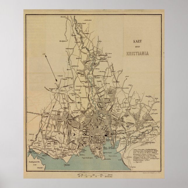 Poster Mapa Vintage de Oslo na Noruega (1881) (Frente)