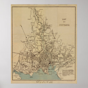 Poster Mapa Vintage de Oslo Noruega (1881)