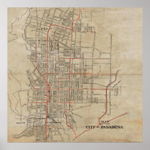 Poster Mapa Vintage de Pasadena CA (1922)