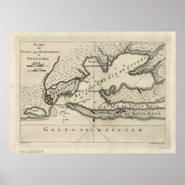 Pôster Mapa Vintage de Pensacola Florida (1763) (Frente)