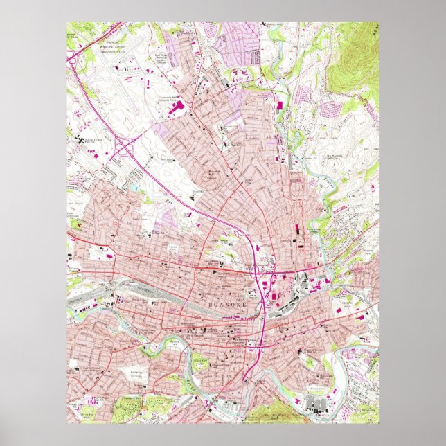 Pôster Mapa Vintage de Roanoke Virginia (1963) (Frente)
