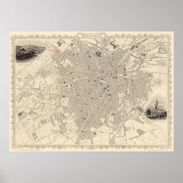 Poster Mapa Vintage de Sheffield England (1851) (Frente)