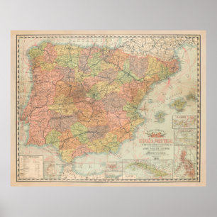 Poster Mapa Vintage de Territórios Espanhas e espanhóis