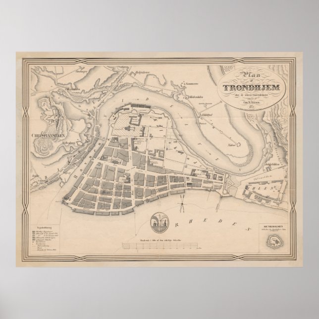 Poster Mapa Vintage de Trondheim, Noruega (1842) (Frente)