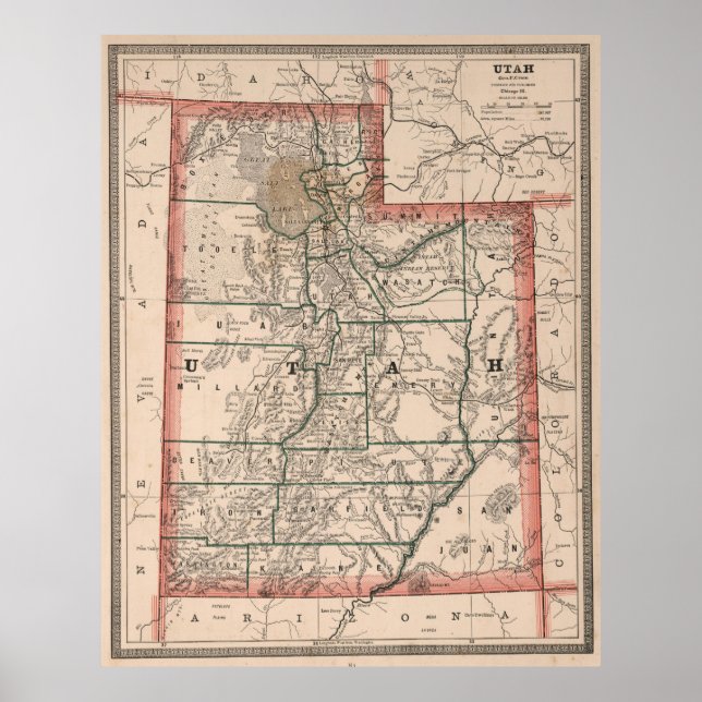 Pôster Mapa Vintage de Utah (1883) (Frente)
