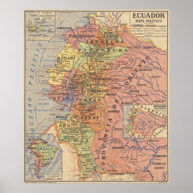 Poster Mapa Vintage do Equador (1913) (Frente)