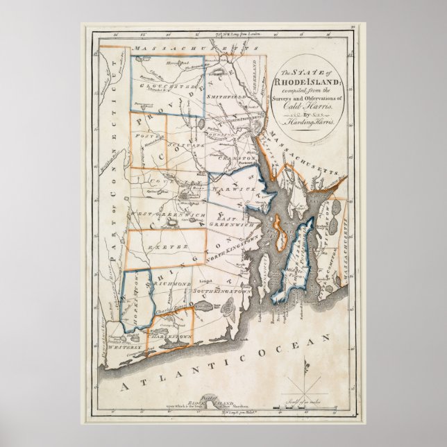 Poster Mapa Vintage do Estado de Rhode Island (Frente)