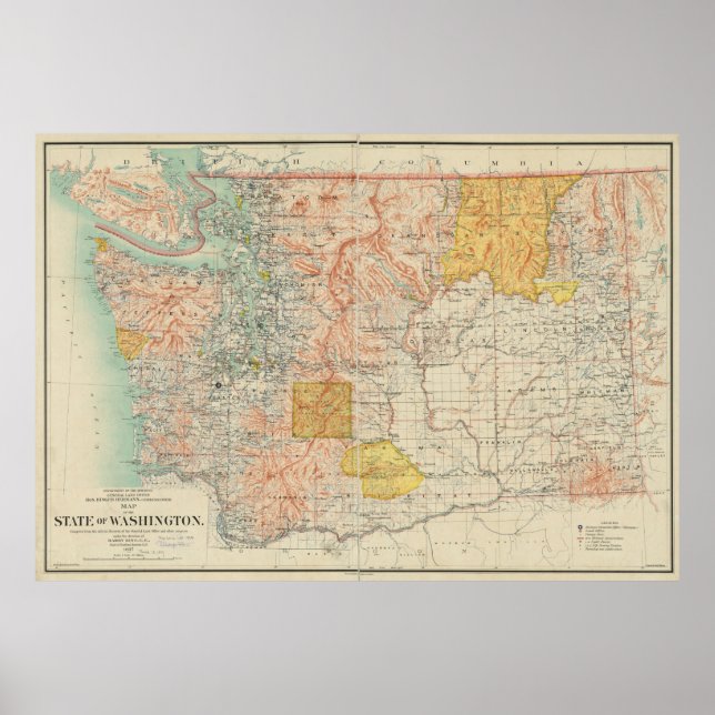 Pôster Mapa Vintage do Estado de Washington (1897) (Frente)