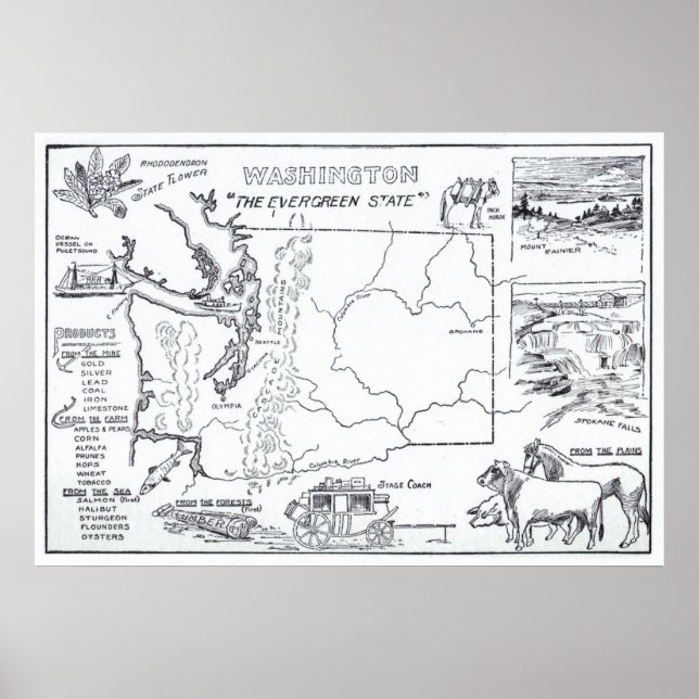 Poster Mapa Vintage do Estado de Washington (1912) (Frente)