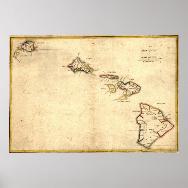 Poster Mapa Vintage do Havaí (1837) (Frente)