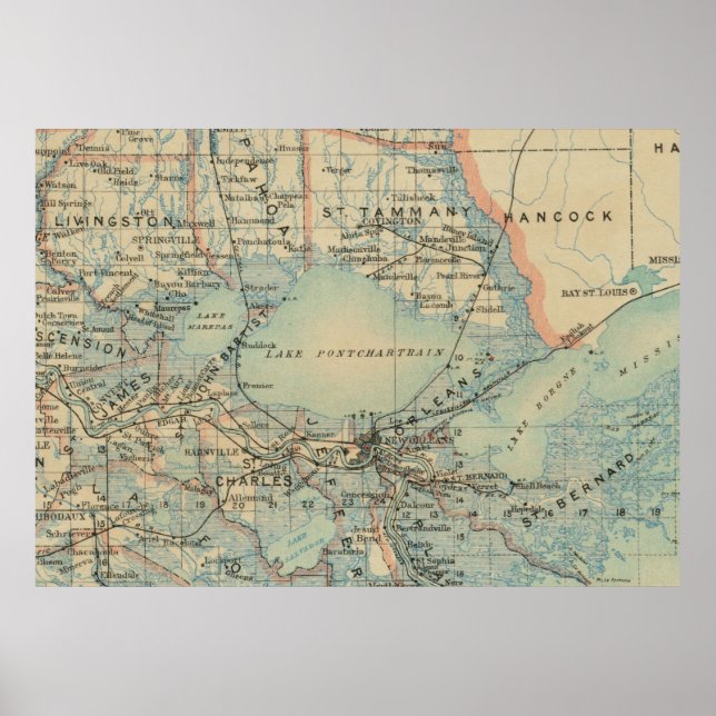 Poster Mapa Vintage do lago Pontchartrain (1896) (Frente)