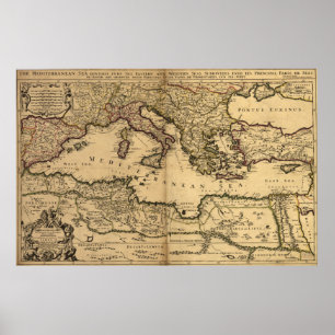 Poster Mapa Vintage do Mar Mediterrâneo (1685)