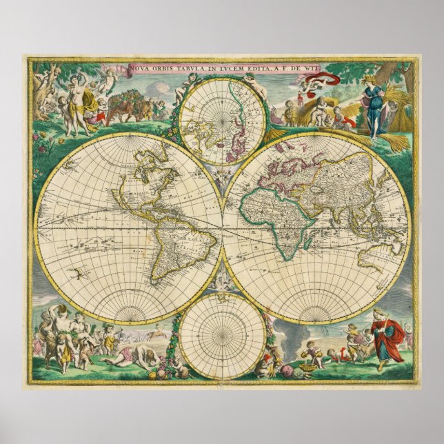 Pôster Mapa Vintage do Mundo (1670) (Frente)