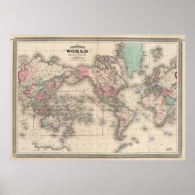Poster Mapa Vintage do Mundo (1870) (Frente)