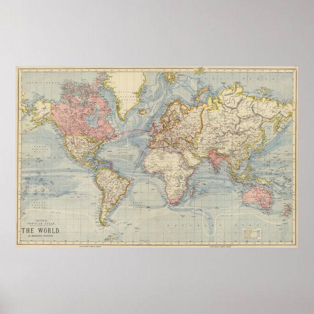 Poster Mapa Vintage do Mundo (1883) (Frente)