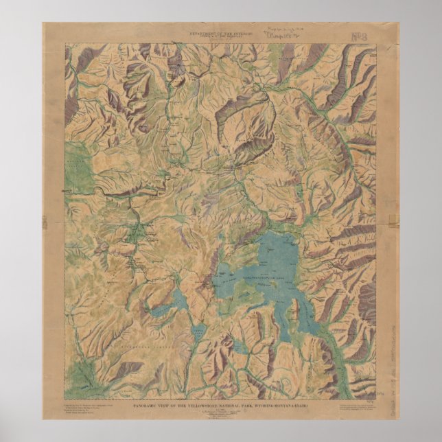 Pôster Mapa Vintage do Parque Nacional de Yellowstone (19 (Frente)