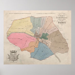Poster Mapa Vintage dos Bairros de Paris (1836)